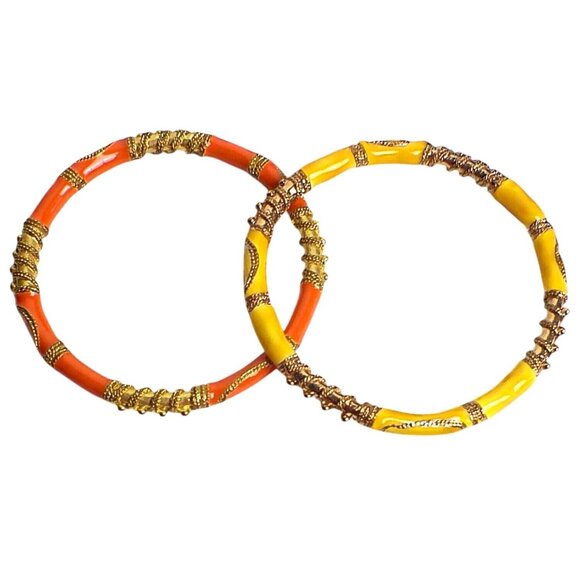 Vintage Enamel Bangle Bracelets With Gold-Silver Accent Design - Picture 3 of 5